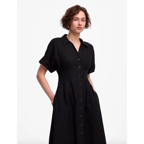 Madewell Pleated Midi Shirtdress 100% Linen A Line Minimalist Black Small NWT - Picture 2 of 14